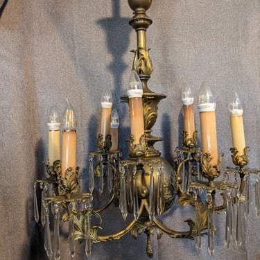 Antique Rococo Brass & Crystal 9 Candle Chandelier