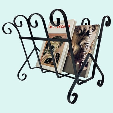 Vintage Magazine Rack Retro 1970s Mid Century Modern + Black + Cast Iron + Bent Metal + Scroll Design + Vinyl Record Holder + MCM Home Decor 