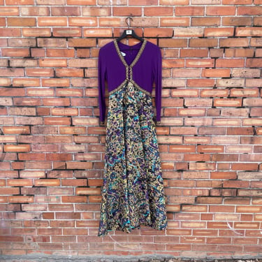 vintage 60s/70s purple metallic jacquard hostess maxi dress / s small 