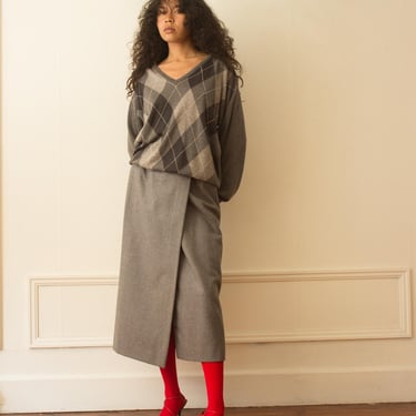 1980s Ralph Lauren Gray Flannel Tailored Wrap Skirt 