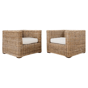Pair of Michael Taylor Style Organic Modern Rattan Cube Chairs
