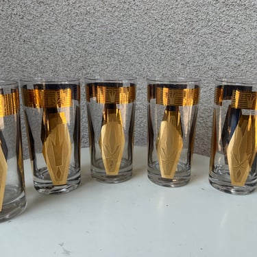 Vtg MCM Glasses Tumblers Set 5 Gold Clear By Culver 