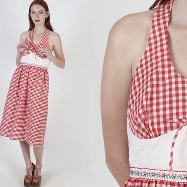 Womens Americana Checkered Dress / Lace Up Corset Tie Bodice / Red White Checkered Gingham Parade Mini Dress 