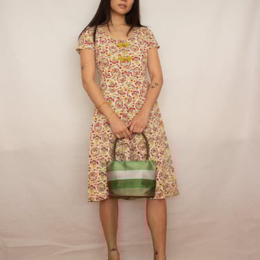 1950s Block Print Cotton Day Dress with Chartreuse Frog Closures 