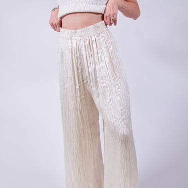 Vintage White Palazzo Pants 90s High Waisted Crinkle Pleated Wide Leg Fully Lined Elastic Waist Deadstock Cream Rayon Pants Small 