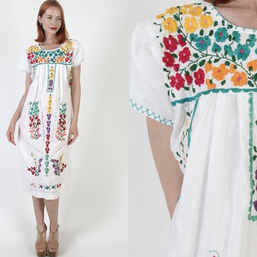 White Womens Mexican Dress Vintage Hand Embroidered Cover Up Floral Puebla Cotton Puff Sleeve Sundress 