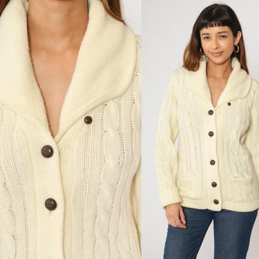 70s Cable Knit Cardigan Cream Fisherman Sweater Boho Hippie Acrylic Button Up Shawl Collar 1970s Vintage Bohemian Medium 