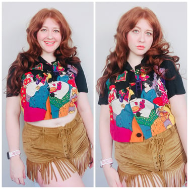 1990s Vintage Karin Stevens Ladies Who Lunch Blouse / 90s Colorful Novelty Print Cropped Rayon Shirt / XL 