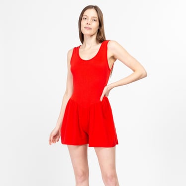 Sm-Med 80s Red Pinafore Romper | Retro Vintage Sleeveless Scoop Neck Jersey Playsuit 