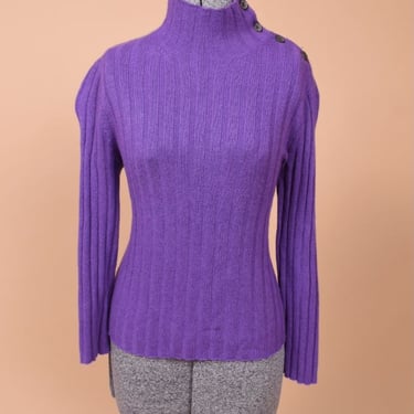 Purple Button-Shoulder Ribbed Cashmere Mock Neck Sweater by Wallace, S/M