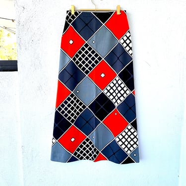 Vintage 70s 1970s Marimekko Style Big Geometric Graphic High Waisted Maxi Skirt // Red Gray White  Long Skirt 