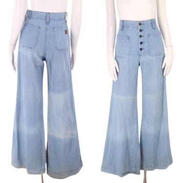 70s PLUSHBOTTOMS high rise denim bell bottoms jeans 29 / vintage 1970s high waisted wide leg bells flares pants 4-6 M 