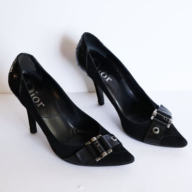 Christian Dior by John Galliano Y2K Black Leather + Suede Silver Buckle Strap Pumps with Zipper Detail CD Heels sz 40 Minimal 