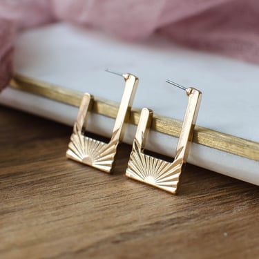 square hoop earrings, etched rising sun 18k gold and silver hoops, geometric gold earrings, celestial gift for her 