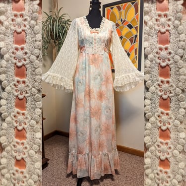 Vintage 1970s Floral & Lace Angel Sleeve Ruffle Square Neckline Tiered Prairie Cottagecore Maxi Dress with Peach Ribbon and Bow Detail 