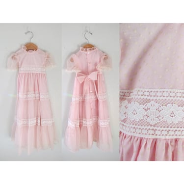 Vintage Girls Dress - Pastel Pink Lace & Ruffles - Spring Summer Flower Girl Outfit - Size 4T 5T 