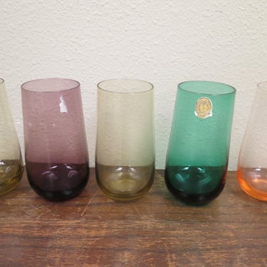 5 Vintage Colored Blefeld Glass Drinking Glasses - Mid Century Portugal 