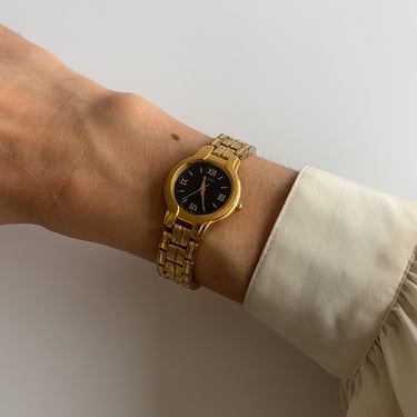 Vintage Gold Tone and Onyx Seiko Chain Link Watch