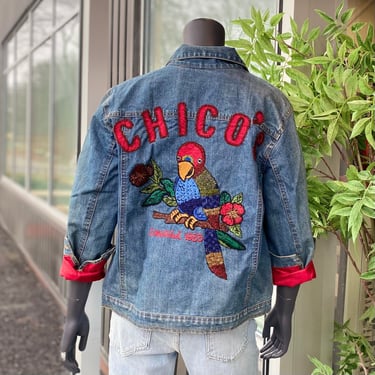 CHICO'S Vintage Beaded Parrot Denim Jean Jacket - Size Medium - Colorful Funky 1990s 90s Tropical Bird Anniversary Collection Red Lining 