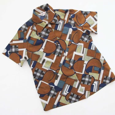 Vintage 70s Geometric Button Up Shirt S M - 1970s Brown Blue Abstract Polyester Short Sleeve Collared Button Up 