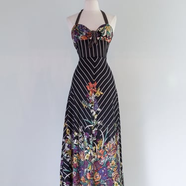 Fabulous 1970's Plain Jane Cotton Halter Dress / Small