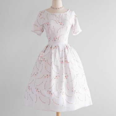 Picture Perfect 1950's Cherry Blossom Embroidered Party Dress By L'Aignon NOS / SM