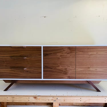 NEW Hand Built Mid Century Style TV Stand / Buffet / Credenza. White and Walnut 3 Drawer / Off-set Doors! 