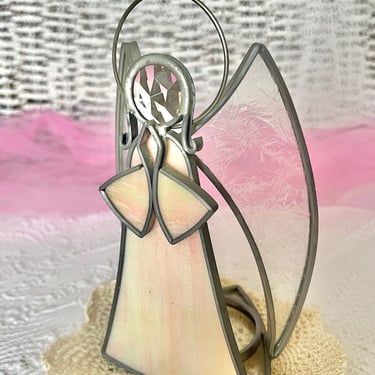 Stained Glass Angel, Pink Angel Candle Holder, Holiday Decor, Artsy, Vintage 