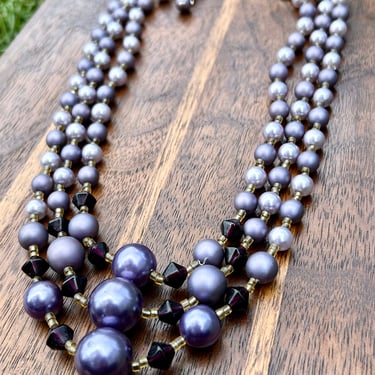 Vintage Purple Faux Pearl Necklace Triple Strand Lilac Lavender Japan Glass Beads Retro Jewelry 1940s 1950s 1960s 