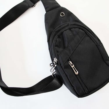 90s Black Silver Fanny Pack - Vintage Nylon Side Bag - Single Strap Shoulder Bag - Minimalist  Purse 