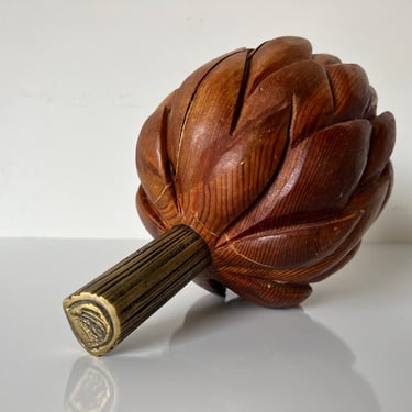 80's Vintage Carved Wood and Brass Artichoke Sculpture 