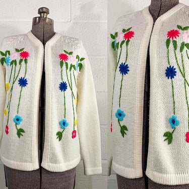 Vintage Floral Long Sleeve Open Front Cardigan Flowers Knit Sweater White Rainbow Dopamine Colorful 1960s 60s Miss Holly Large XL 