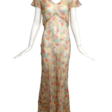1930s Floral Silk Georgette Afternoon Gown &amp; Jacket, Size-6
