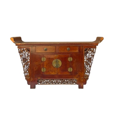 Chinese Rustic Brown Vintage Point Edge Flower Apron Console Cabinet cs7305E 