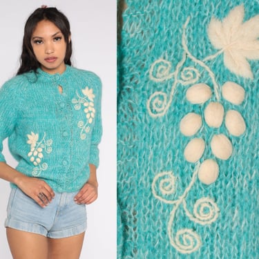 Grape Cardigan Sweater 50s 60s Blue Button Up Sweater Leaf Print Angora Knit Jumper Boho Preppy Retro Spring Vintage 1950s 1960s Small S 