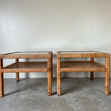 Bielecky Brothers Style Rattan Wrapped Two - Tier End / Side Table 