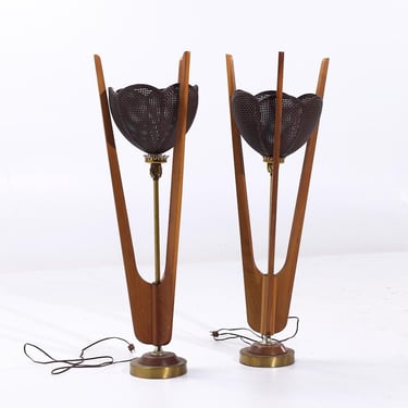 Modeline Style Walnut and Brass Table Lamps - Pair 