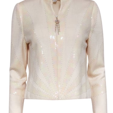 St. John - Cream Iridescent Sequin Knit Jacket w/ Rhinestone Zipper Sz 6