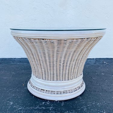 Vintage Rattan End Table FREE SHIPPING Round Glass Top and Pedestal Wicker Base - White Wash Coastal Furniture 
