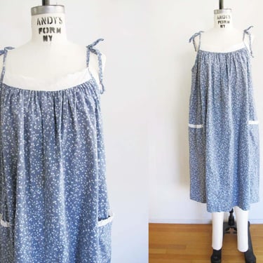 Vintage 70s Tie Shoulder Mumu Sundress One Size Fits Many - 1970s Dusty Blue Floral Cottage Boho Loose Fit Cotton Dress 