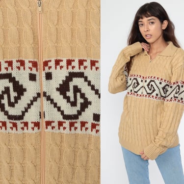 Zip Up Cardigan Sweater 70s Tan Sweater Cable Knit Geometric Knit Retro Bohemian Hippie Grandpa Boho 1970s Vintage Medium Large 