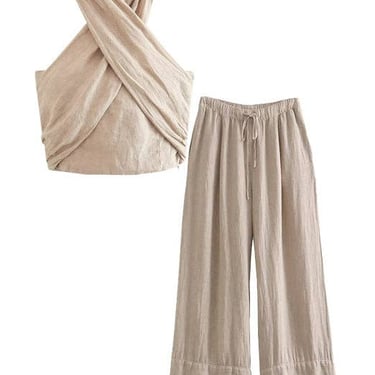 Halter Top And Pants Set: Khaki / S / Set