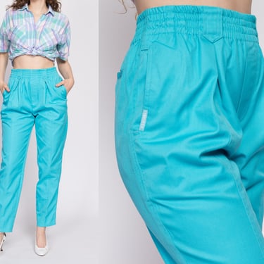 80s Gitano Pleated Aqua Blue High Waisted Pants - Medium | Vintage Novelty Trim Cotton Blend Tapered Leg Casual Elastic Mom Trousers 