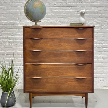 Walnut Mid Century MODERN Sculpted Tall DRESSER / HIGHBOY, c. 1960's 