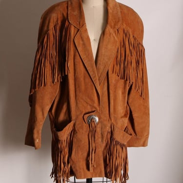 1980s Tan Brown Leather Long Sleeve Fringe Western Coat by Frontier Collection -M 