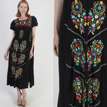 Black Cotton Hand Embroidered Mexican Midi Dress, Womens Ethnic Puebla Cover Up Sundress 