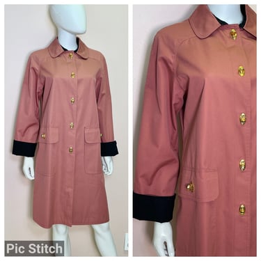Vintage 70s mauve black canvas trench with gold  turn lock button closures 