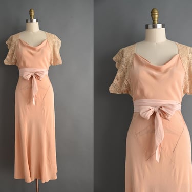 vintage 1930s dress | Romantic Ballet Pink Bias Cut Lace Sleeve Dress | Small 