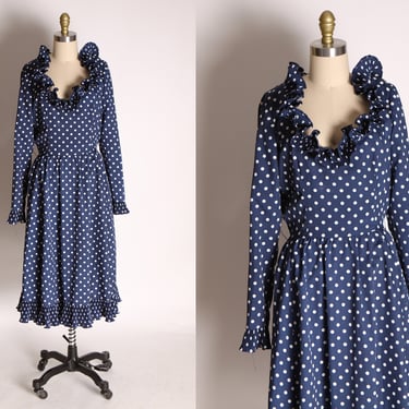 1970s Blue and White Long Sleeve Ruffle Collar and Cuff Polka Dot Dress by Victor Costa LTD -L 