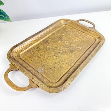 Vintage Etched Brass Rectangular Serving Tray with handles, floral etched brass, Vanity Tray, Dresser Tray Shelf Tray Solid Brass from India 